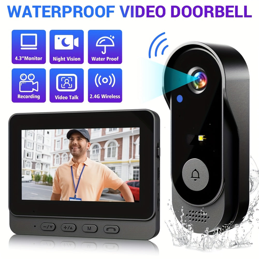 Wireless Video Doorbell Set with Listed 4.3-Inch Display, No-WiFi No-App Connection, Two-Way Intercom and SD Card Support for Home Visitor Viewing