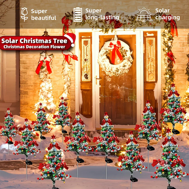 Cedar-Style Solar Holiday Tree Lights with Listed IP65 Rating and Star, Bow, Bell and Red Ball Decoration Wording, Two- or Four-Piece Labels for Lawn and Patio Decor