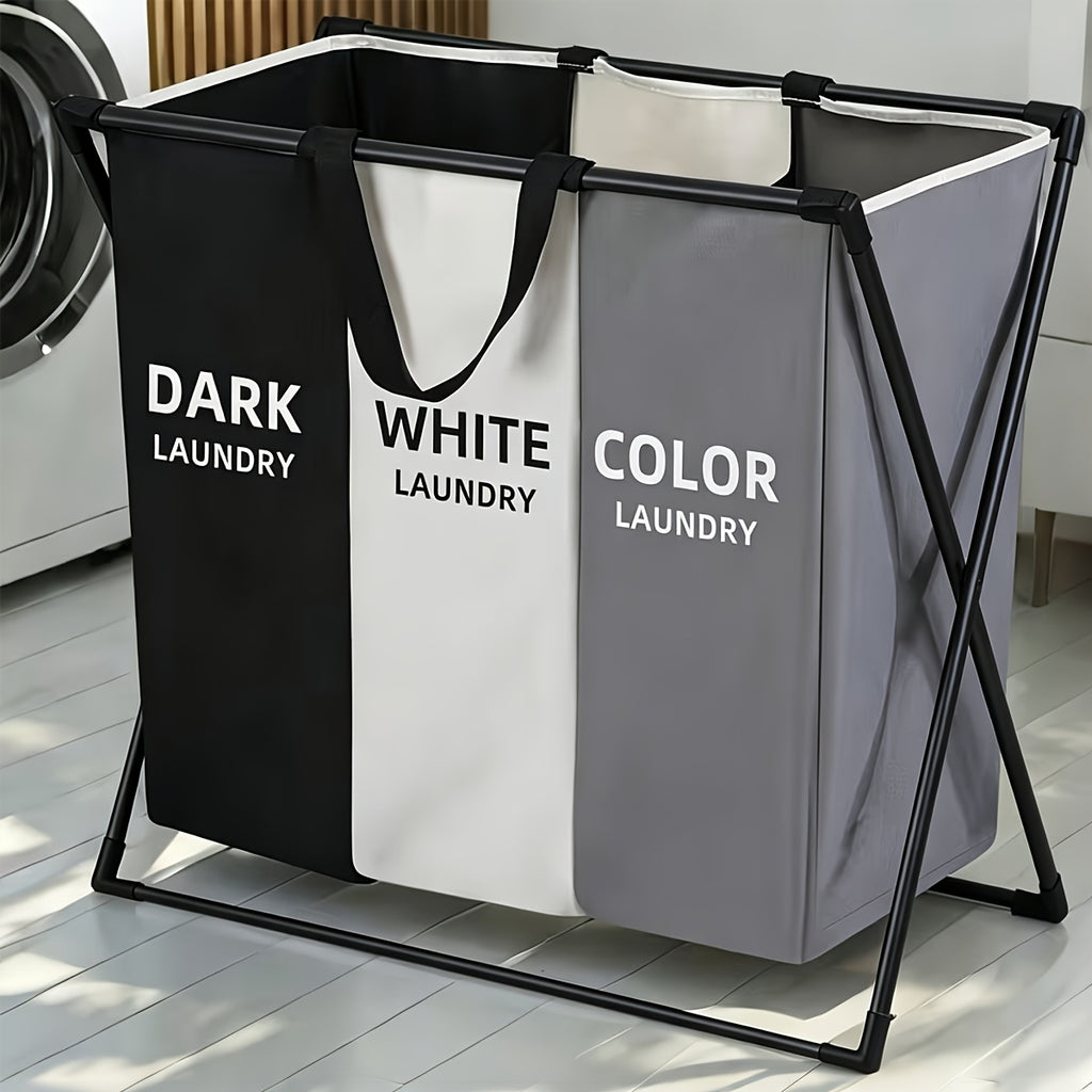 Three-Section Foldable Laundry Hamper Sorter with Listed Oxford Bags and Handles, Rectangular 3 BAG Option for Bedroom, Bathroom and College Dorm Organization