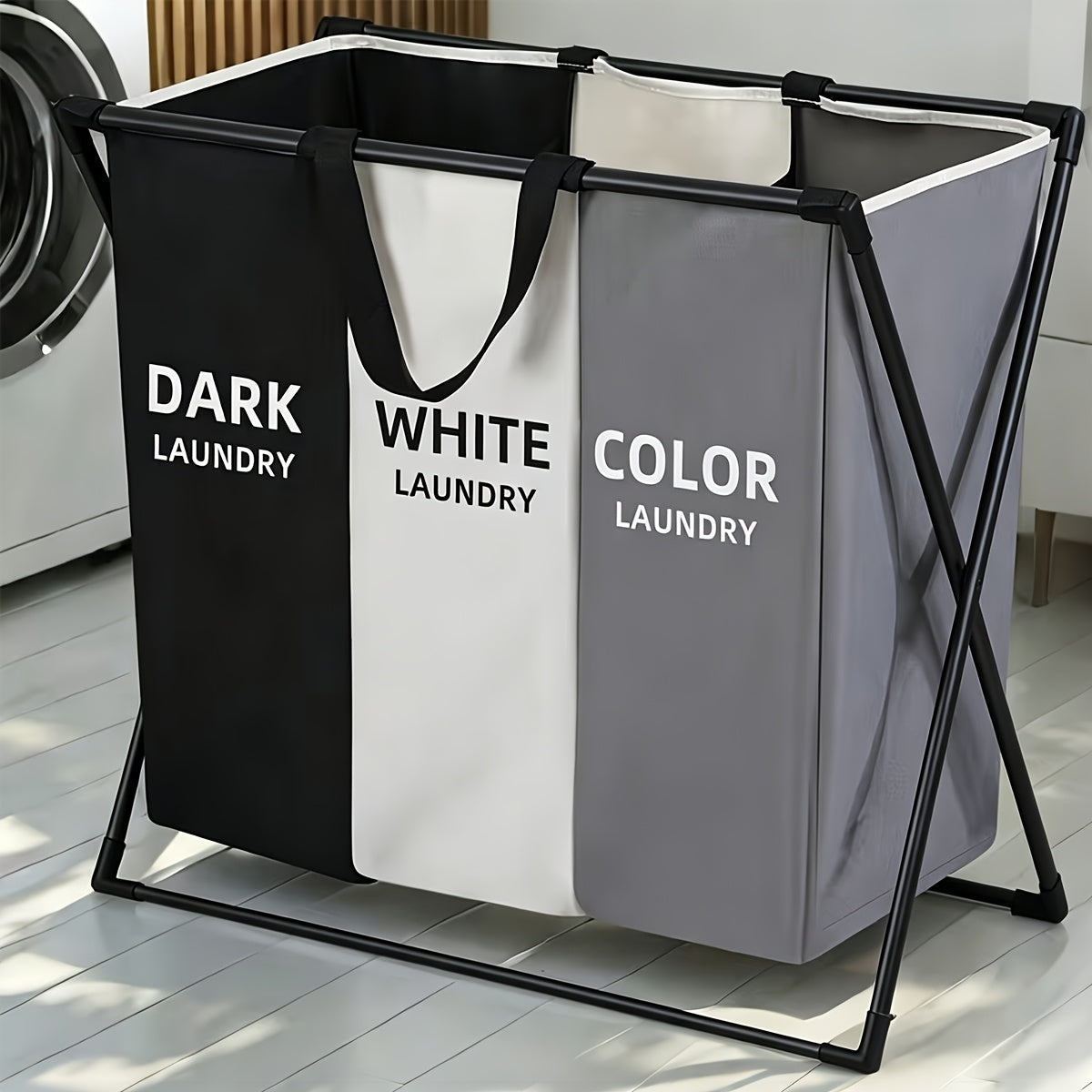 Three-Section Foldable Laundry Hamper Sorter with Listed Oxford Bags and Handles, Rectangular 3 BAG Option for Bedroom, Bathroom and College Dorm Organization