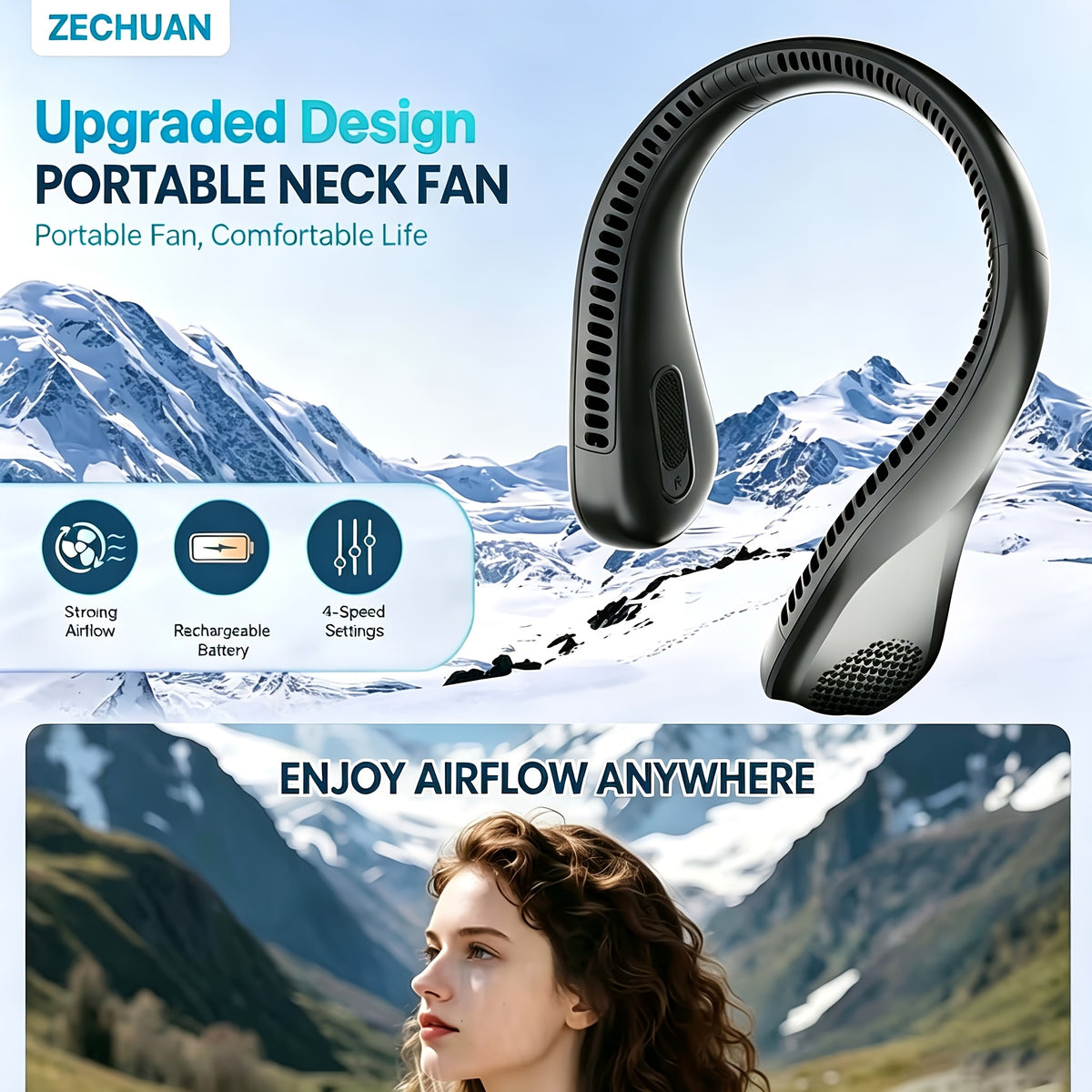 Four-Speed Bladeless Neck Fan, USB-C Rechargeable Wearable Personal Fan with 66 Air Vents and Hands-Free Airflow for Travel, Office, Cooking and Outdoor Leisure