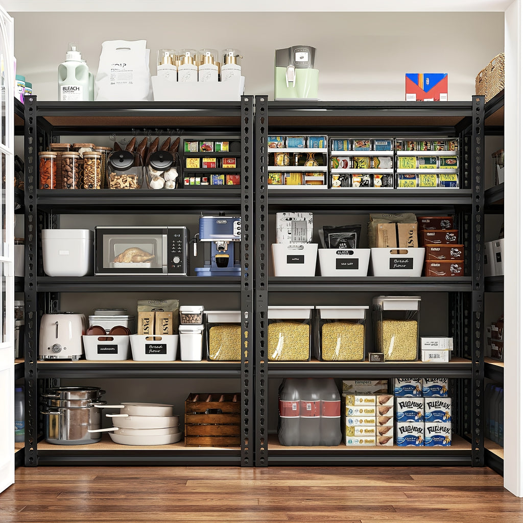 Adjustable Storage Shelving by REIBII with Five Wood-Board Tiers and Black Metal Frame, Garage and Pantry Organizer with Height and Two-Piece Pack Options