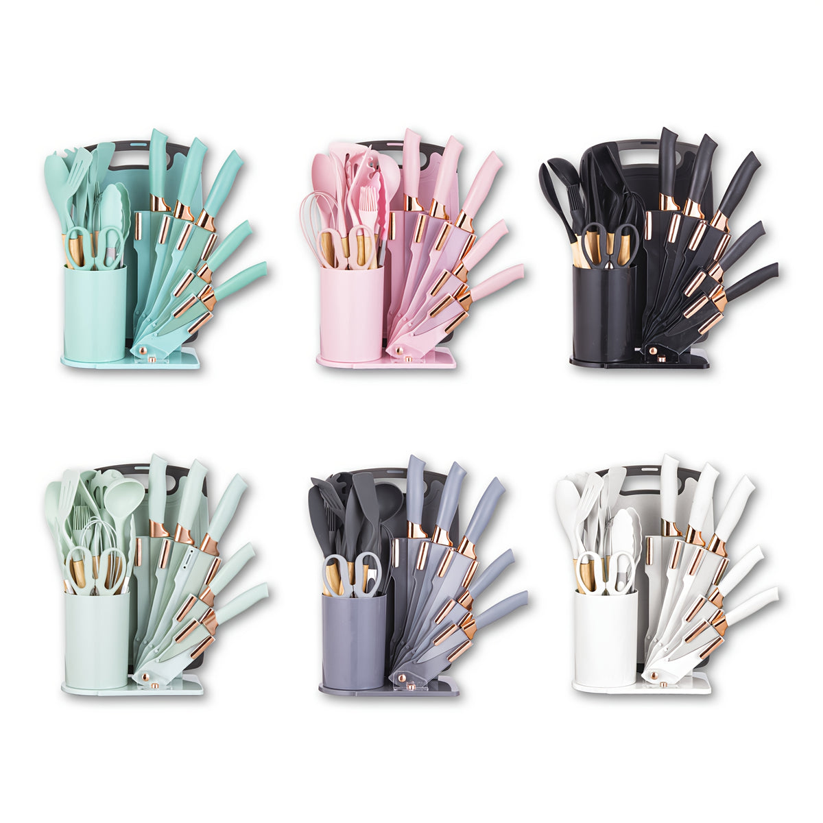 Cooking Utensil and Knife Set for Home Kitchen Preparation, Multiple Color Choices with Selected Pink or Black Square-Barrel and Gift Box Options