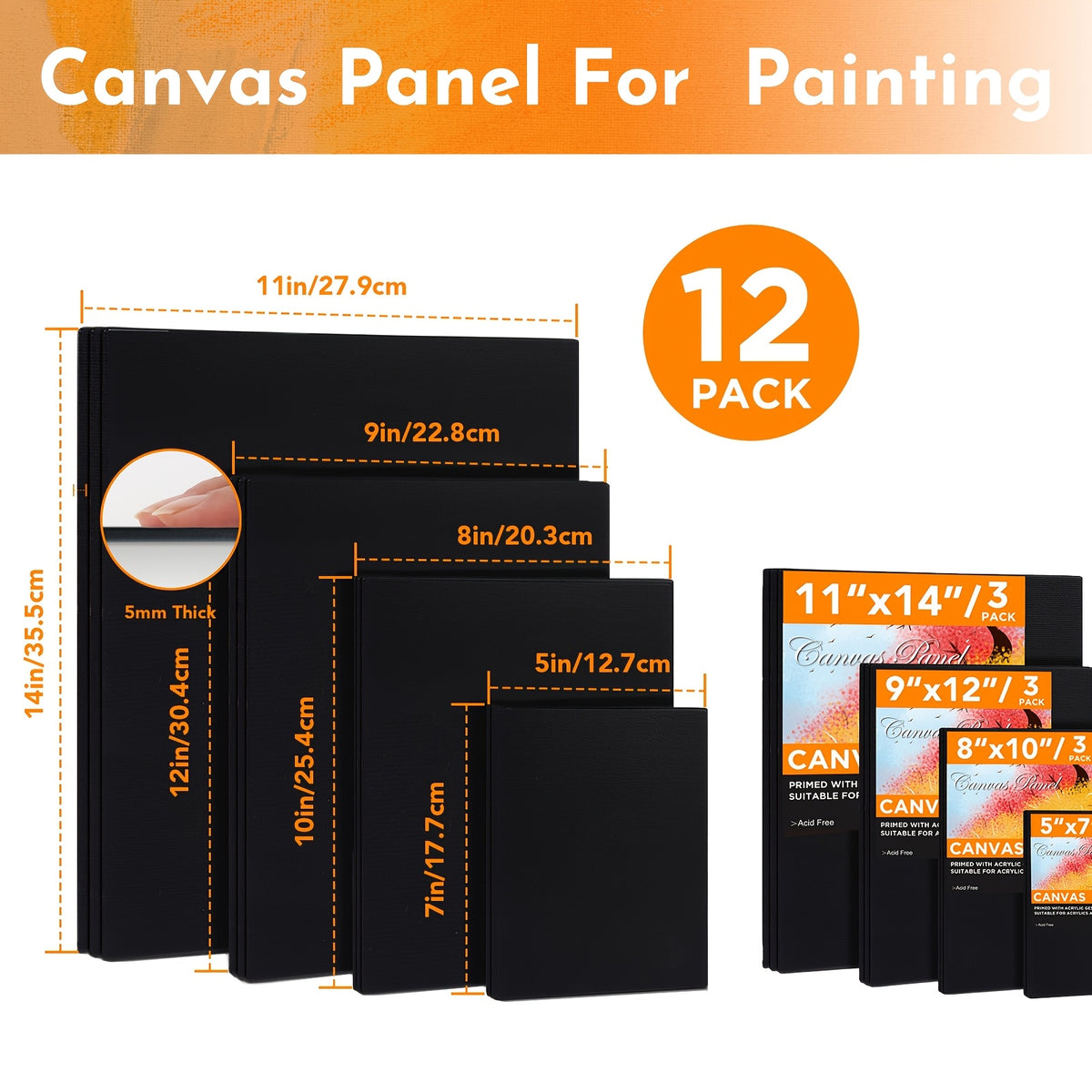 Multi-Size Canvas Panels for Painting, 12-Pack Primed Art Boards with Listed 11x14, 9x12, 8x10 and 5x7 Sizes for Oil, Acrylic and Creative Studio Projects