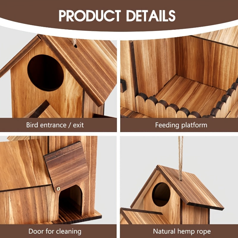 Hanging Bird House with Three Listed Openings and Artificial Wood Material Reference, Garden Shelter Design for Decorative Yard Displays and Birdwatching Areas