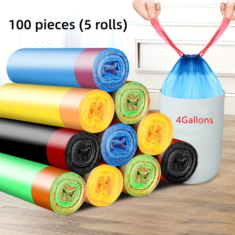 Drawstring Trash Bag Rolls with Listed 4-Gallon Capacity, 40, 100 or 200 Bags in Two, Five or Ten Rolls for Kitchen, Bedroom and Household Wastebaskets