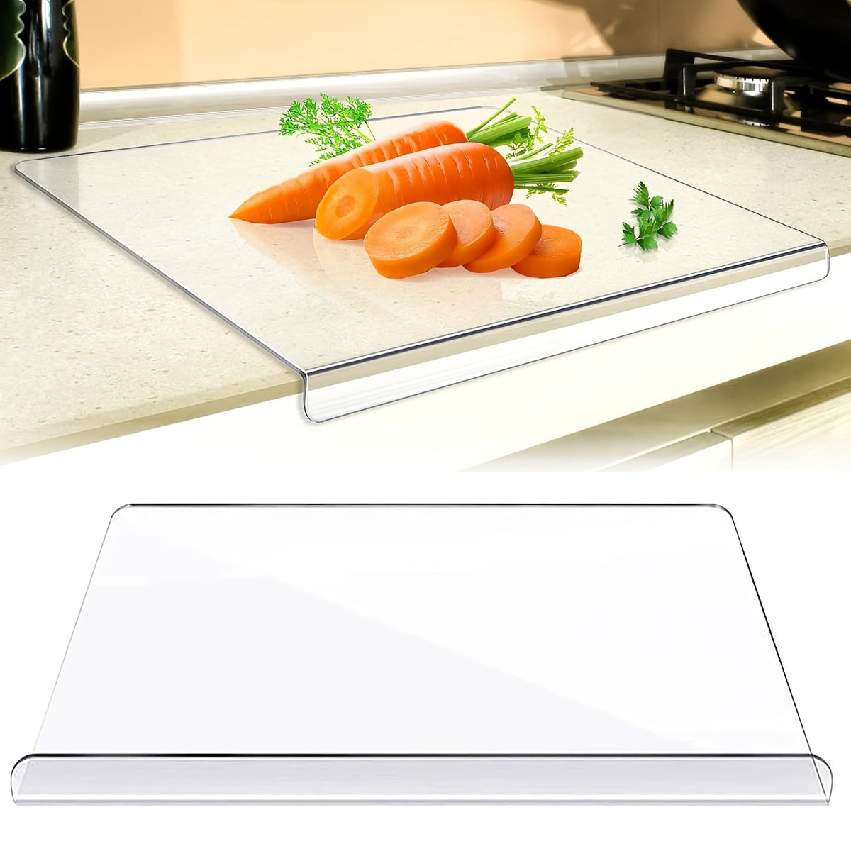 Clear Acrylic Cutting Board with Counter Lip, 15 x 12 Inch Kitchen Countertop Protector with 4 Silicone Non-Slip Dots for Slicing and Meal Prep