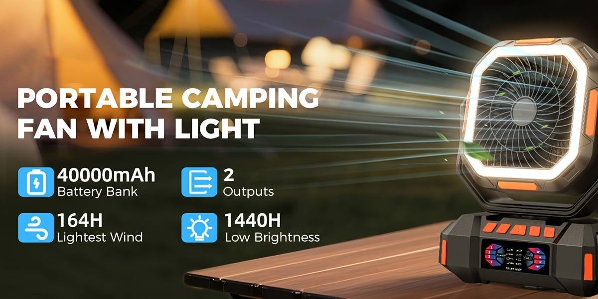 Portable Camping Fan with Listed 40000mAh Capacity, LED Light, Hanging Hook, Remote Control, Timer and Auto Oscillation in Green, Orange or Black