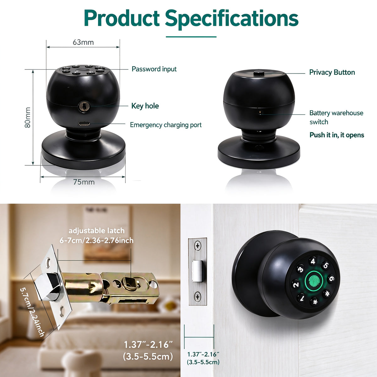 Aluminum Alloy Smart Door Lock with Listed App Key Access, Battery-Powered Wireless Design and Polished Finish, Black or Without Fingerprint Model Options