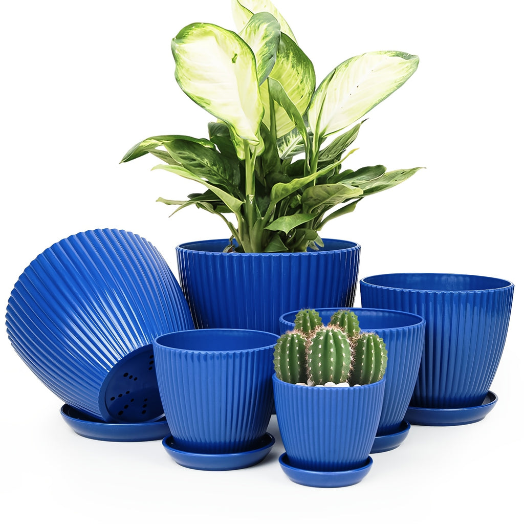 Resin Planter Pots Set with Listed Six-Pack Assortment and 3.5 to 7.5-Inch Size Labels, White, Light Green or Dark Blue Options for Indoor Plant Displays