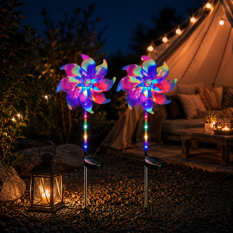 Solar Windmill Garden Lights 2-Pack with Color-Changing and 360-Degree Rotating Design, Colorful Purple or Blue Style Options for Patio and Path Displays