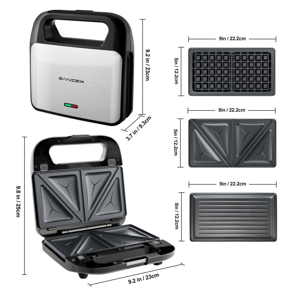 Three-in-One Sandwich and Waffle Maker with Listed 750W Power and Removable Nonstick Plates, Teal and Three-Plate Option Labels for Home Kitchen Meal Preparation