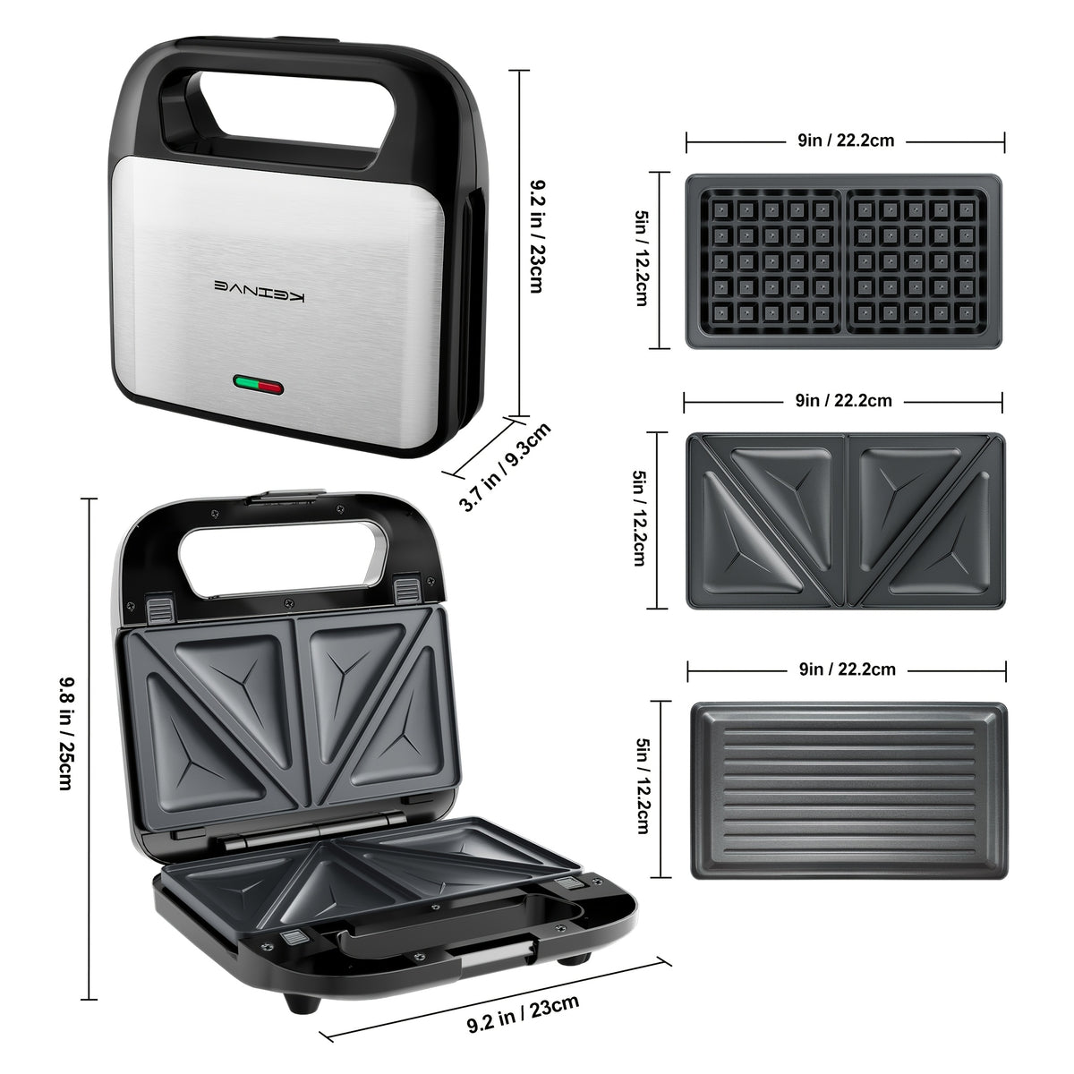 Three-in-One Sandwich and Waffle Maker with Listed 750W Power and Removable Nonstick Plates, Teal and Three-Plate Option Labels for Home Kitchen Meal Preparation