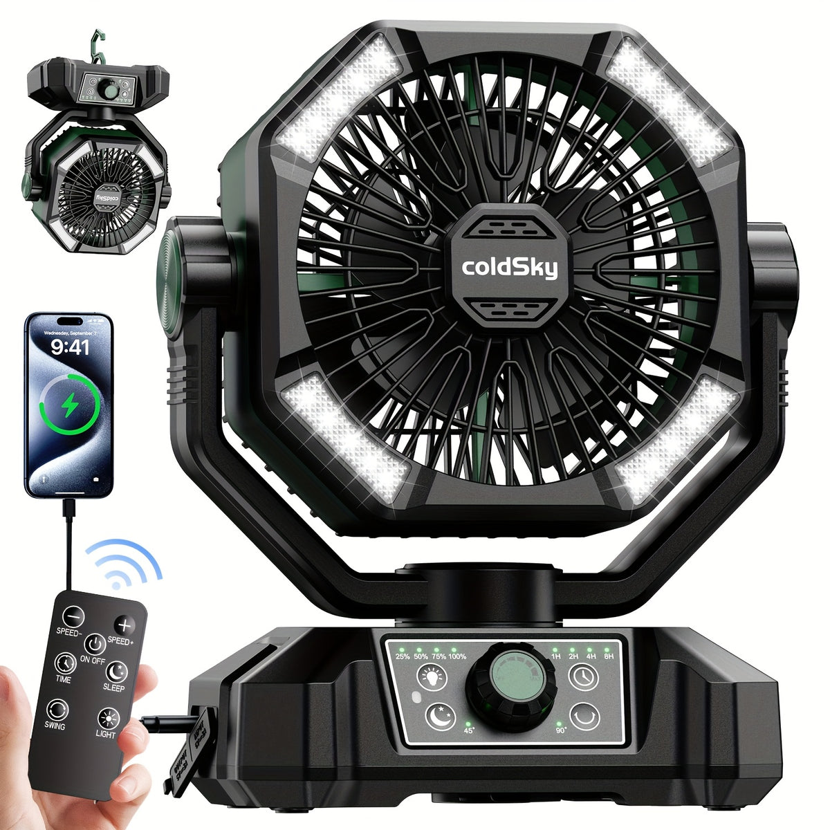 Eight-Speed Camping Fan with Remote Control, Dual Motors and USB Rechargeable Lithium Battery in Three Color Combinations for Campsites, Yard BBQs and Travel