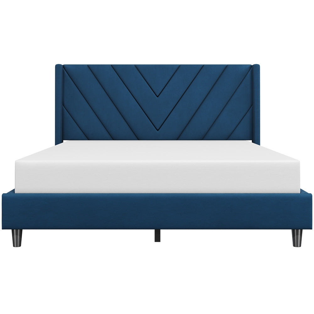Velvet Platform Bed Frame by Costoffs with Wingback Headboard and Geometric Stitching, Wooden Slat Support, No Box Spring Needed, Twin to King Options