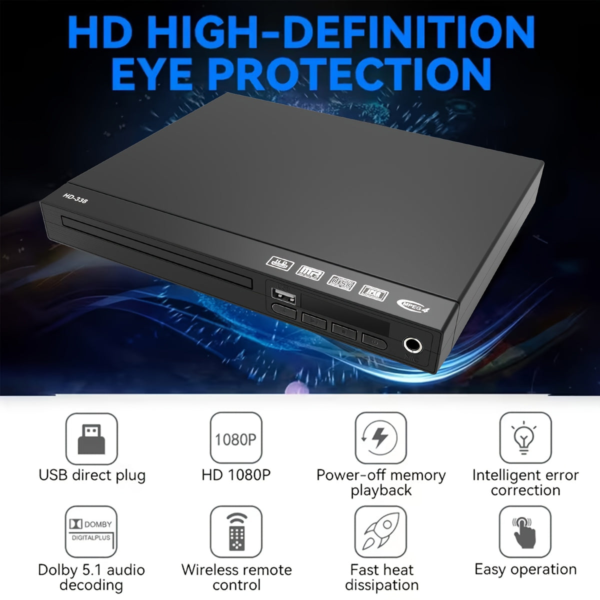 Region-Free DVD Player in Black HDTV Version with Listed 1080P Output, HDMI and RCA Connections, USB Media Playback, CD and MP3 Support and Remote Control