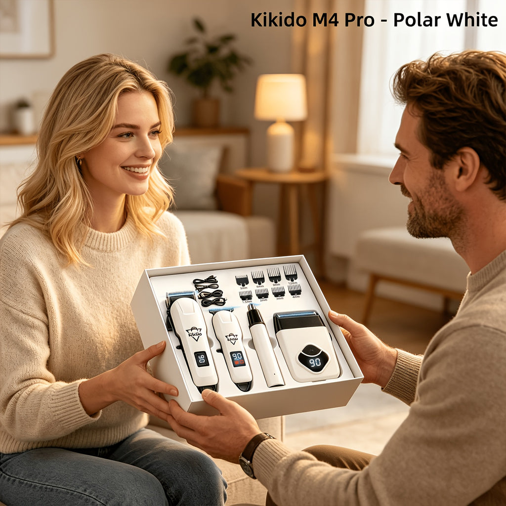 M4 Pro and M2 Pro Grooming Kit Options with Listed Electric Clipper, T-Trimmer and Shaver Wording, Black Golden or Polar White Labels for Men's Hair Care