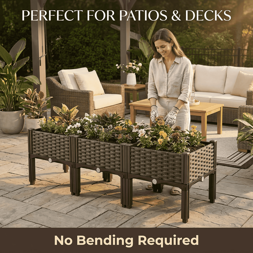 Elevated Plastic Planter Box Set with Legs, Two Raised Garden Beds with Listed Shovel for Outdoor Herb Growing, Vegetable Planting and Home Garden Projects