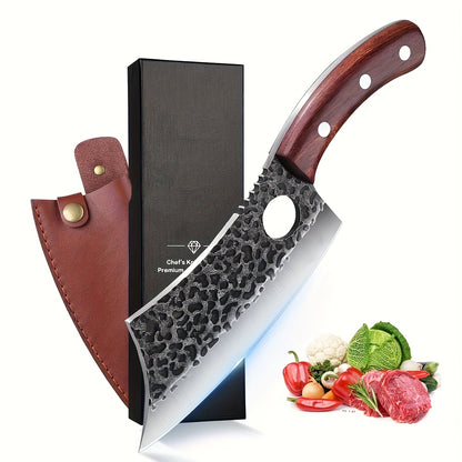 High Carbon Steel Meat Cleaver with Oak Wood Handle and Sheath, Viking Style Kitchen Knife for Meat and Vegetable Preparation, Camping Cooking and BBQ