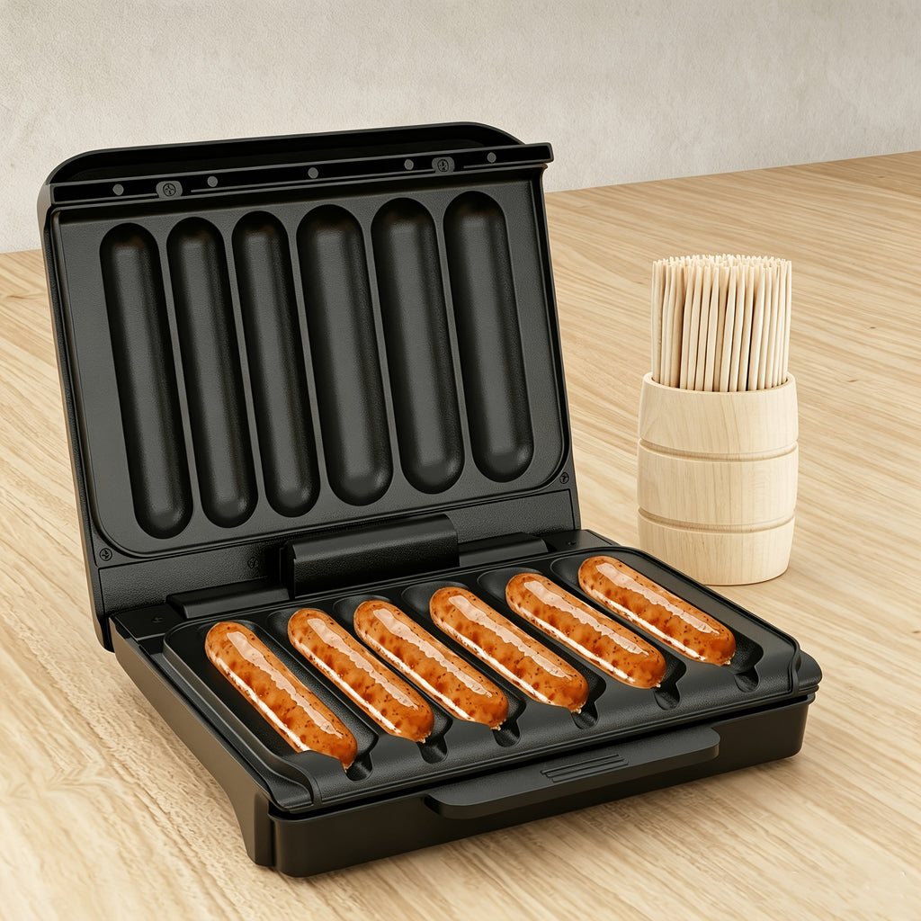 Six-Slot Electric Hot Dog Maker, Nonstick Sausage Grill with Grease Drip Tray, Power and Ready Indicator Lights, Cord Storage for Breakfasts and Snacks