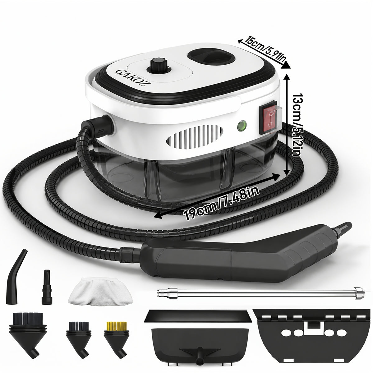 Portable Handheld Steam Cleaner with White 1200W Fixed-Steam or Black and White 1500W Adjustable-Steam Option Labels, Three or Nine Listed Accessories