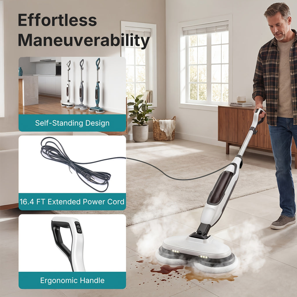 Dual Spin Steam Mop with Rotating Pads, Two LED Lights, Four Listed Modes and 16.4ft Power Cord for Compatible Floor Cleaning in White, Gray or Green