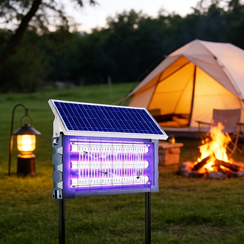 Solar-Powered Bug Zapper in Black with Automatic Day-Night Operation, Hook, Support Rod and Listed 10ft Solar Panel Extension Cord for Patio and RV Setups