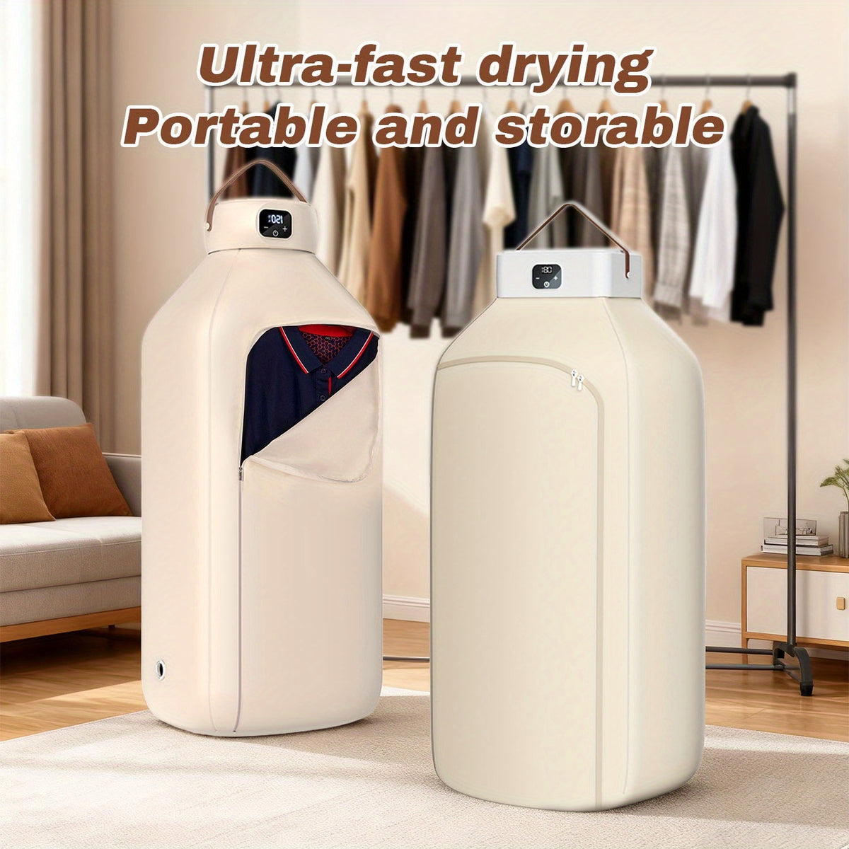 Touch-Screen Foldable Clothes Dryer with Drying Bag, Two-Speed Control and Timer, Compact Electric Garment Drying Machine for Small-Space Laundry Care