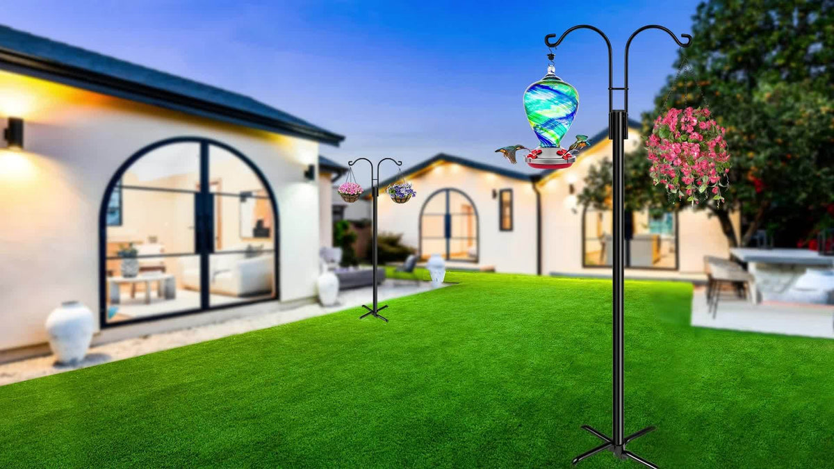 Double Shepherd Hooks for Garden, Listed Two-Piece 60-Inch Metal Pole Set with Five-Claw Bases and Adjustable Design for Bird Feeders, Hanging Baskets and Lanterns