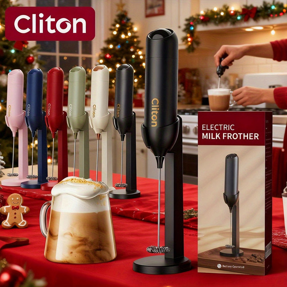 Handheld Milk Frother by CLITON, Battery-Powered 304 Stainless Steel Whisk for Coffee and Tea in Black, White or Green with Single or ABS Stand Options