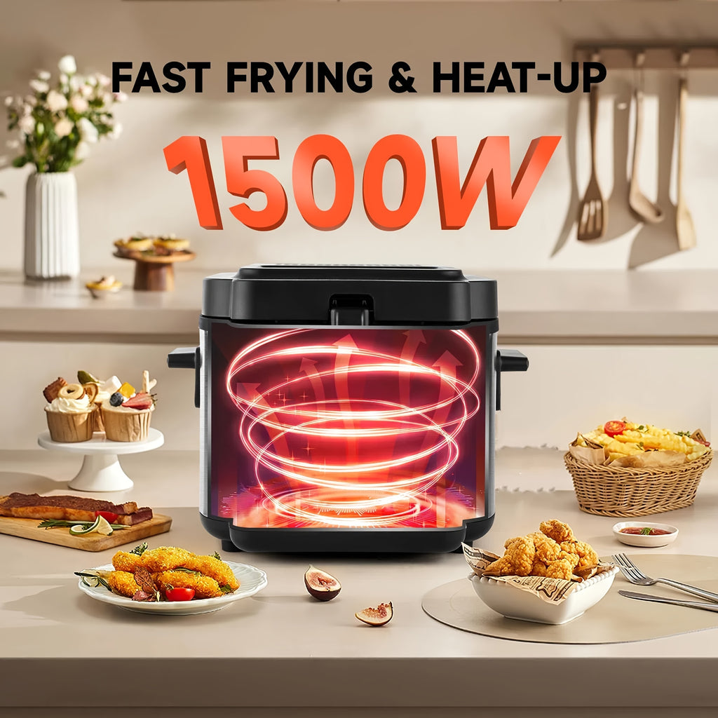Temperature Control Deep Fryer by SUSTEAS with Basket and Listed 1500W Heating, Black Countertop Electric Fryer in 1.5L, 2.5L, 5L or 6L Home Kitchen Options