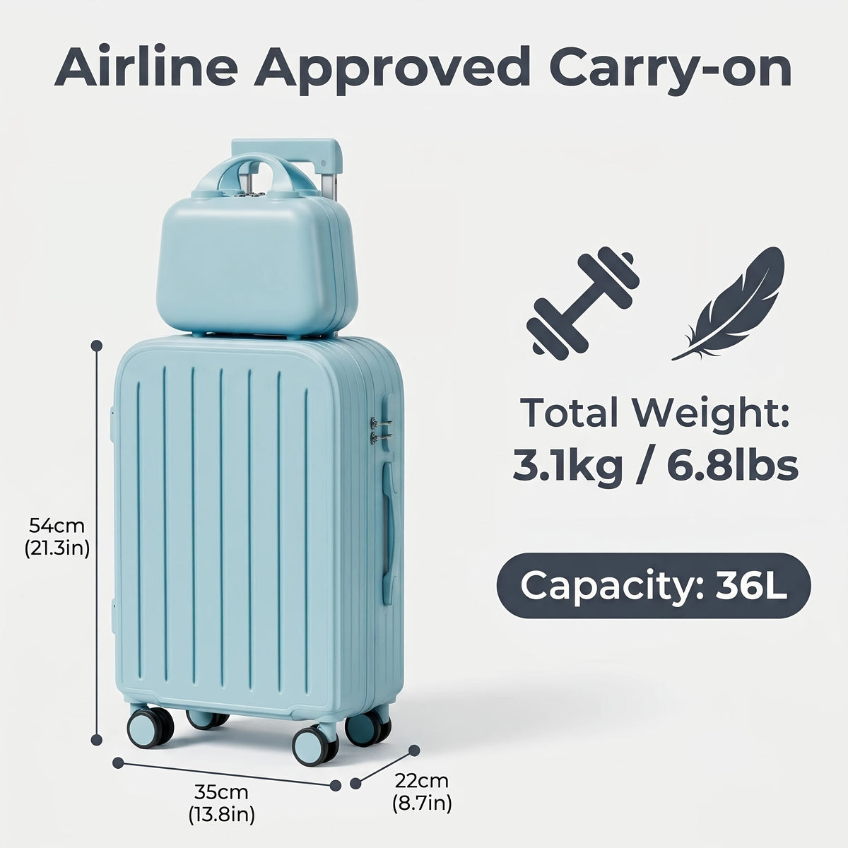 Hard-Shell Trolley Luggage with Zipper Closure and Solid-Color Design, Listed 20-Inch Pink, White, Yellow or Blue Set Labels and Dark Grey Single-Case Option