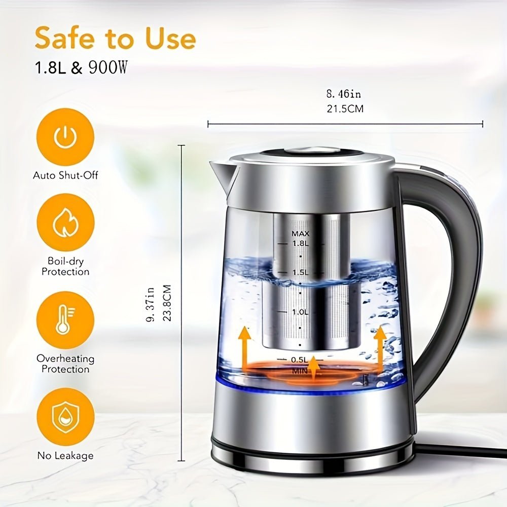 Temperature Control Glass Kettle, 1.8L Electric Tea Kettle with 12 Listed Settings, 24-Hour Keep-Warm Reference and Included Tea Infuser for Beverage Preparation