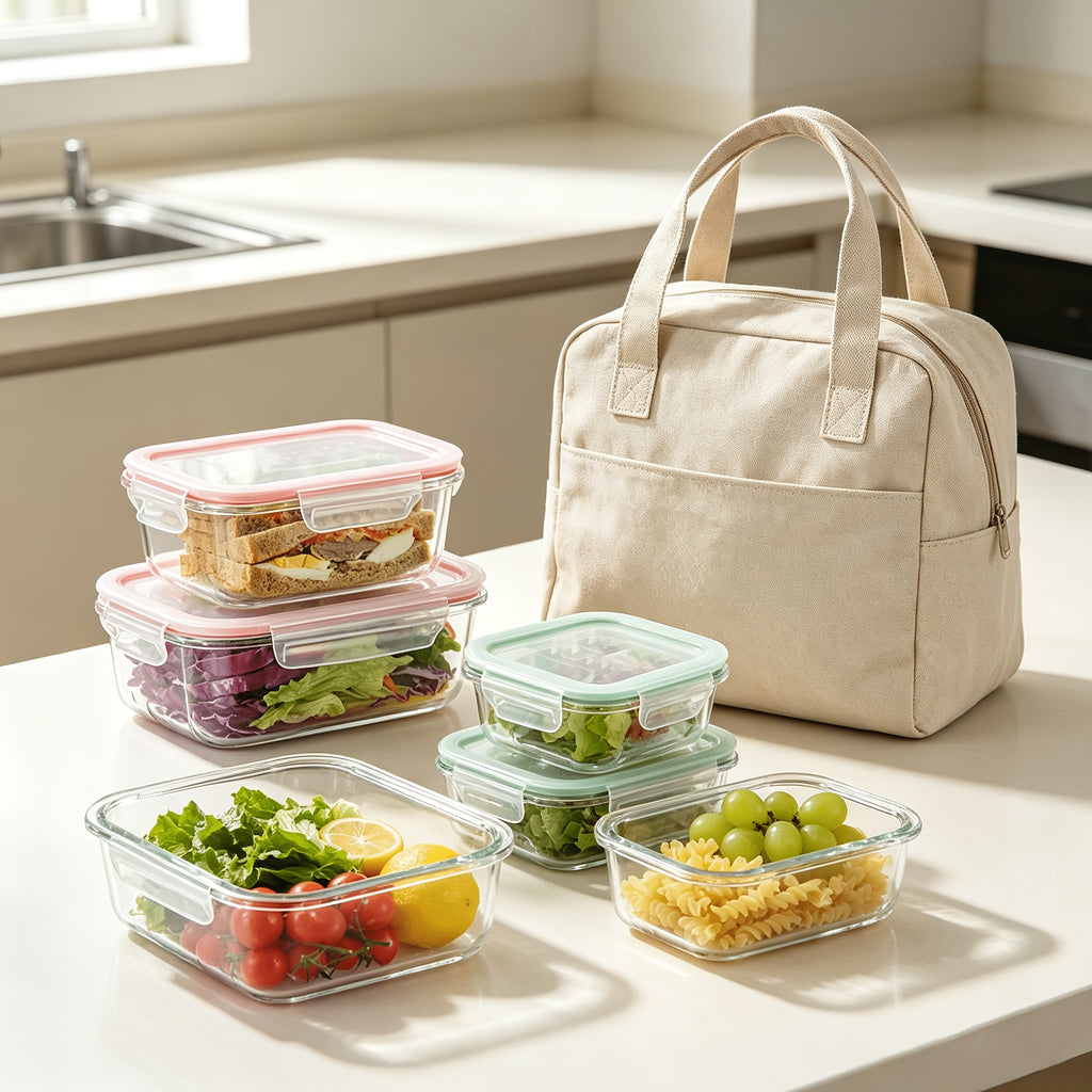 Glass Meal Prep Containers with Four-Lock Lids and Removable Silicone Seals, Listed 16-Piece Set of 8 Boxes and 8 Lids for Lunch Portions and Leftover Storage