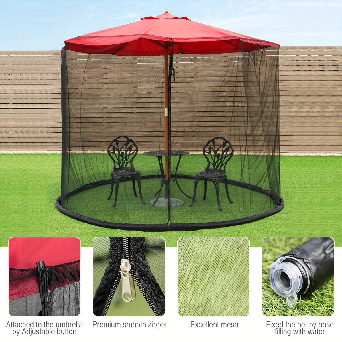 Patio Umbrella Mosquito Netting in Black for Listed 9–10-Foot Canopies, Adjustable Drawstring Screen with Zippered Entrance and Water-Fill Base Tubes