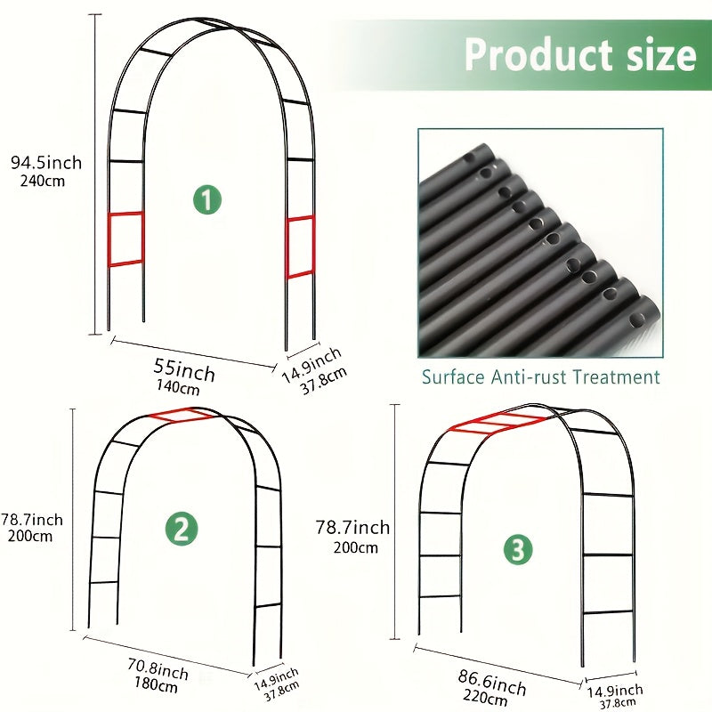 Garden Arbor Arch for Climbing Plants, Metal Wedding Trellis with Two Assembly Size Configurations, White or Black with Base and Black without Base Options