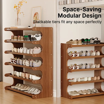 Freestanding Bamboo Shoe Organizer in Brown with Three, Five or Six Layers, Wood-Grain Footwear Storage Rack for Home Entryways, Hallways and Dorm Rooms