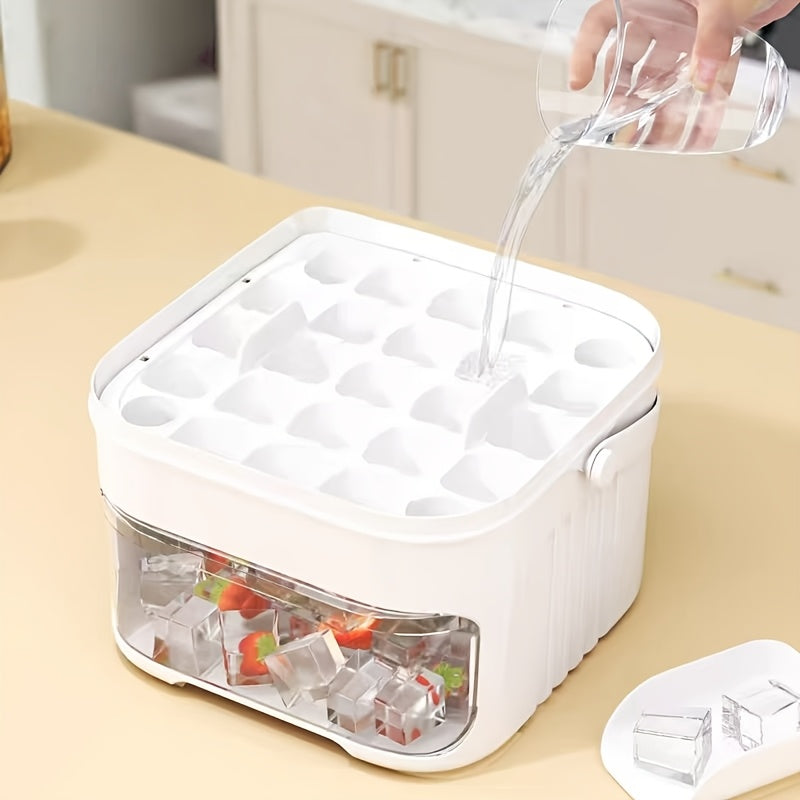 Press-Style Ice Cube Mold and Storage Box, White Dual-Layer Design with Listed Lid for Homemade Ice Preparation and Storage in Compatible Freezer Spaces