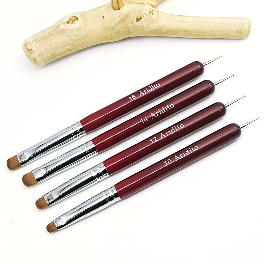 French Manicure Brush Set by Aridito, Four-Piece Nail Art Selection with Red Wood Handles, Metallic Ferrules and No. 10, 12, 14 and 16 Size Labels