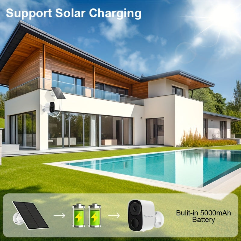 CB54TZ Solar Security Camera with 3MP 1296P Video, 2.4GHz WiFi, 5000mAh Battery, Color Night Vision, PIR Alerts, Siren and Two-Way Audio in Black or White