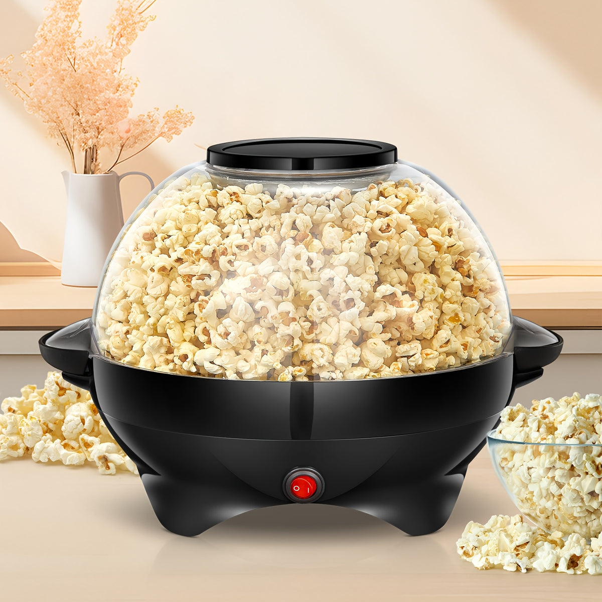 Electric Stirring Popcorn Maker with Listed 800W Power and 6-Quart Capacity, Removable Nonstick Plate and Serving Bowl Lid in Red or Black for Home Movie Nights