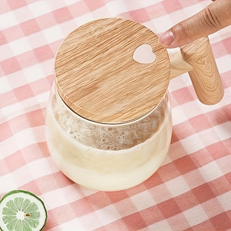 Self-Stirring Mug 400ml OBS-JB01 with Listed 8cm Stirring Bar, Borosilicate Glass and Imitation-Wood Plastic Design for Coffee, Milk and Compatible Powdered Drinks