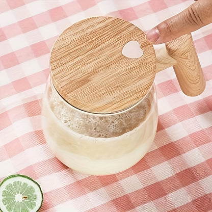 Self-Stirring Mug 400ml OBS-JB01 with Listed 8cm Stirring Bar, Borosilicate Glass and Imitation-Wood Plastic Design for Coffee, Milk and Compatible Powdered Drinks
