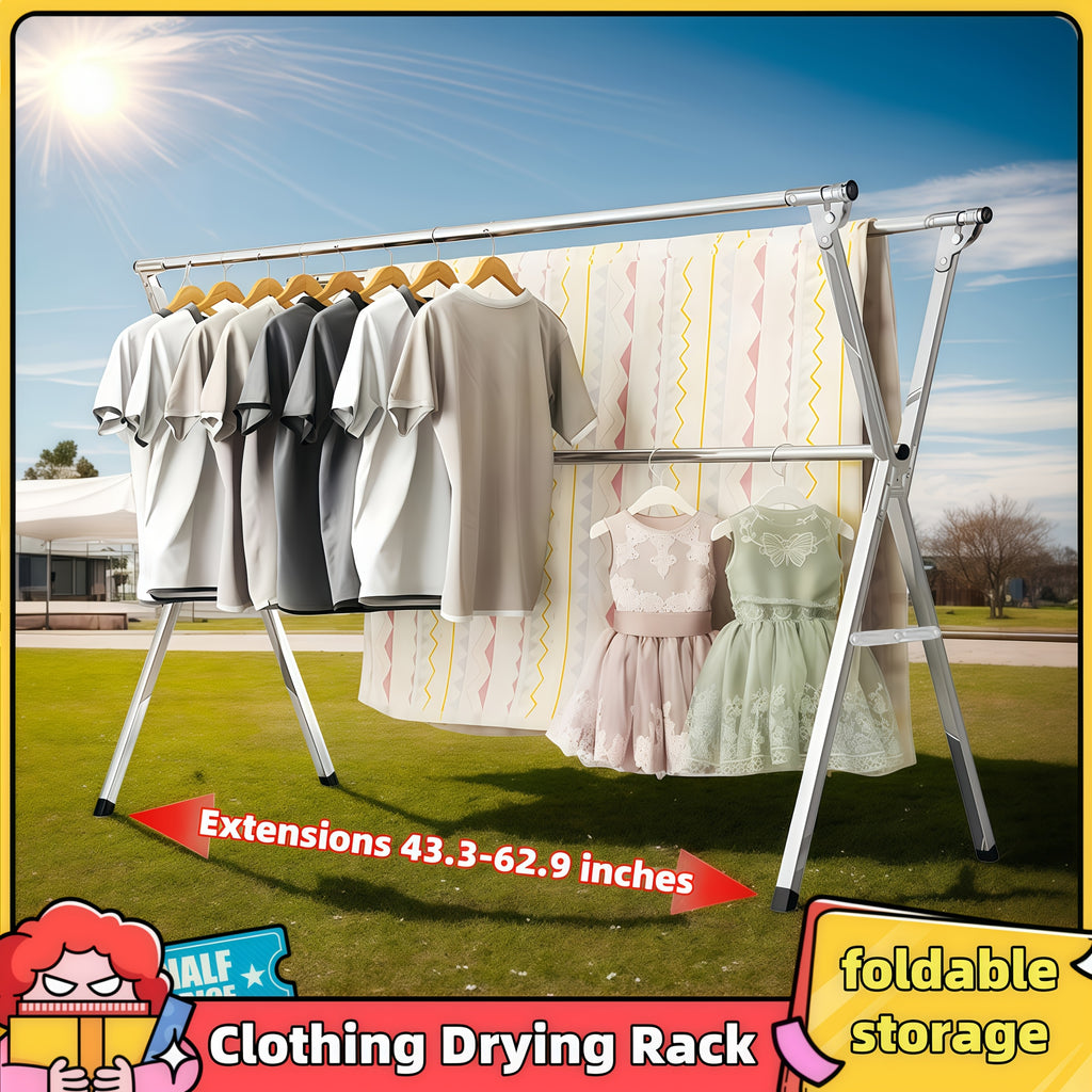 Three-Rod Clothes Drying Rack, Foldable Adjustable Metal Laundry Stand in Three Pole Galvanized Model for Clothing, Blankets and Bedding Air-Drying Routines