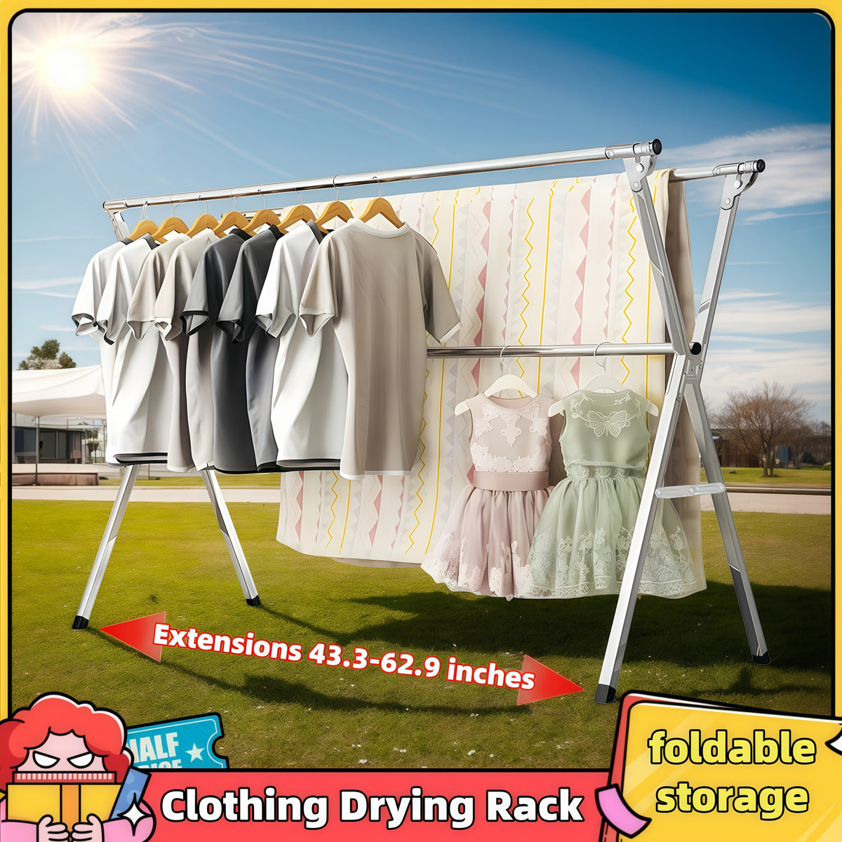 Three-Rod Clothes Drying Rack, Foldable Adjustable Metal Laundry Stand in Three Pole Galvanized Model for Clothing, Blankets and Bedding Air-Drying Routines