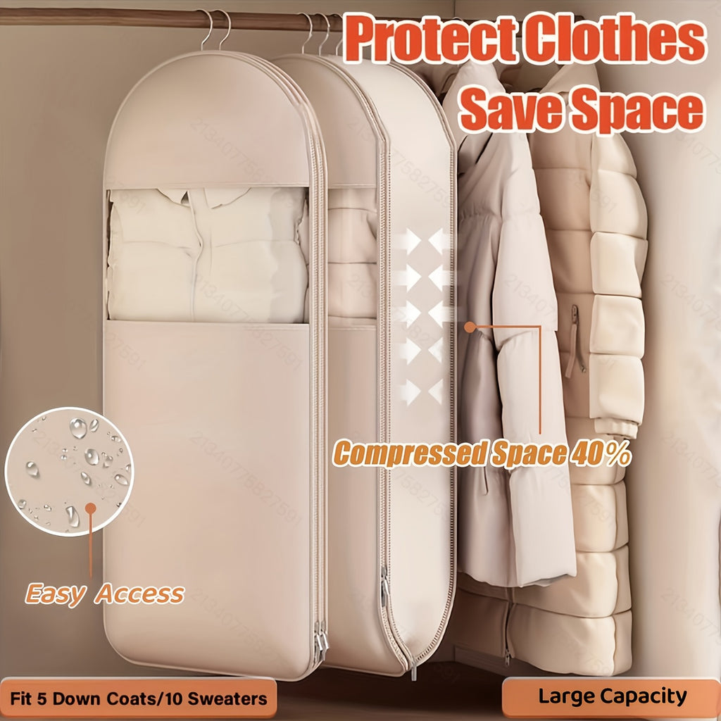 Hanging Compression Garment Storage Bags with Listed See-Through Design and Zipper, Small, Medium or Large Labels in Beige or Pink for Winter Wardrobe Organization