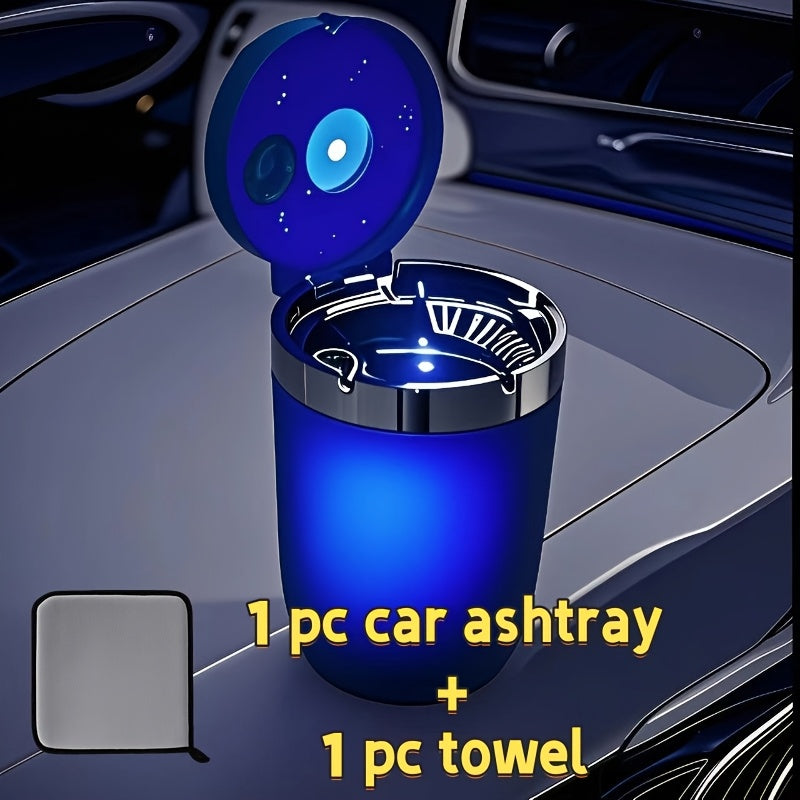Automatic Car Ashtray with Detachable Cleaning Brushes, Compact Battery-Powered Vehicle Accessory in Black, Blue or Red Single and Paired Option Labels