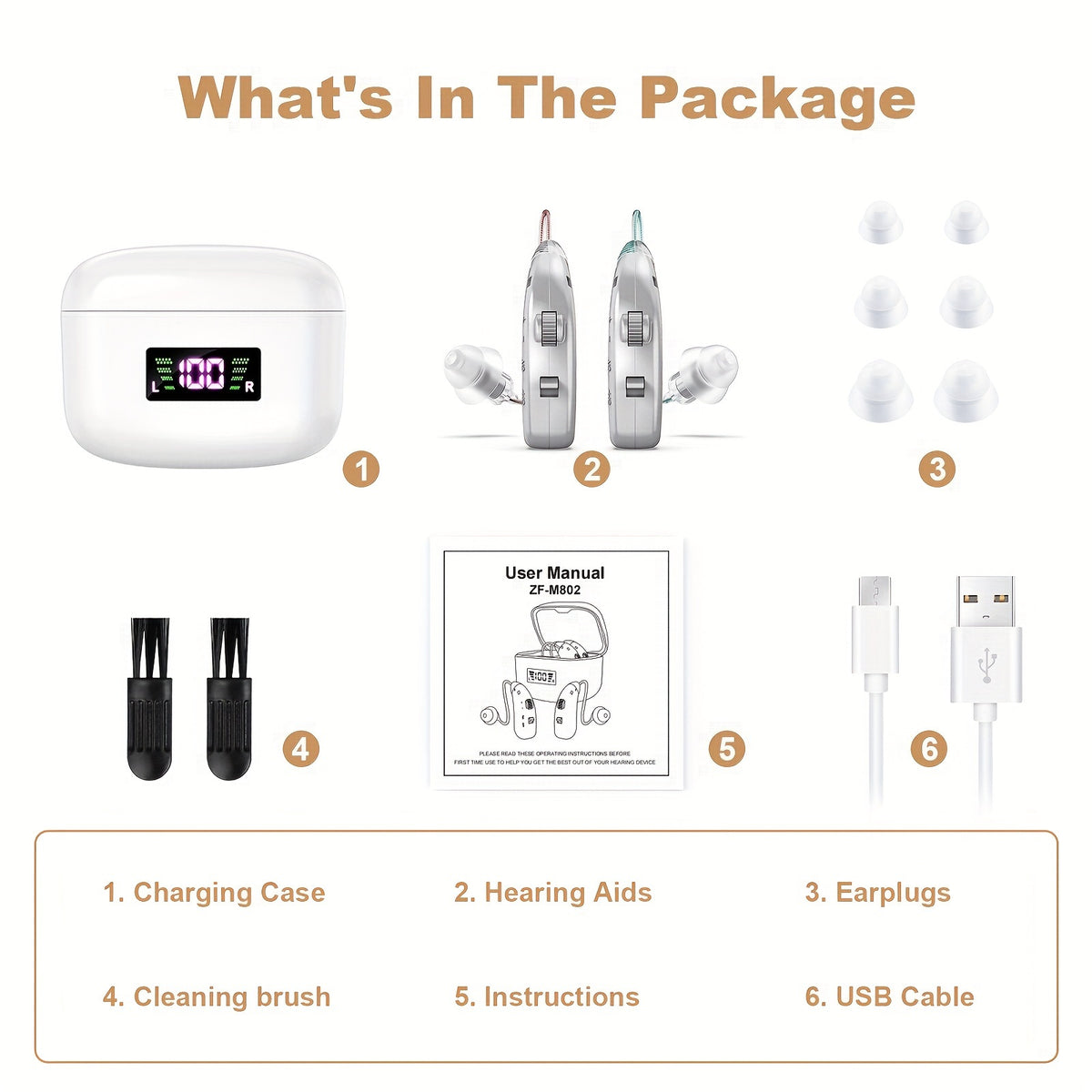 Rechargeable Hearing Amplifier with Listed Magnetic Charging Case, Silicone Ear Tips and Adjustable Listening Wording in TM802 Brown or Silvery Options for Adults