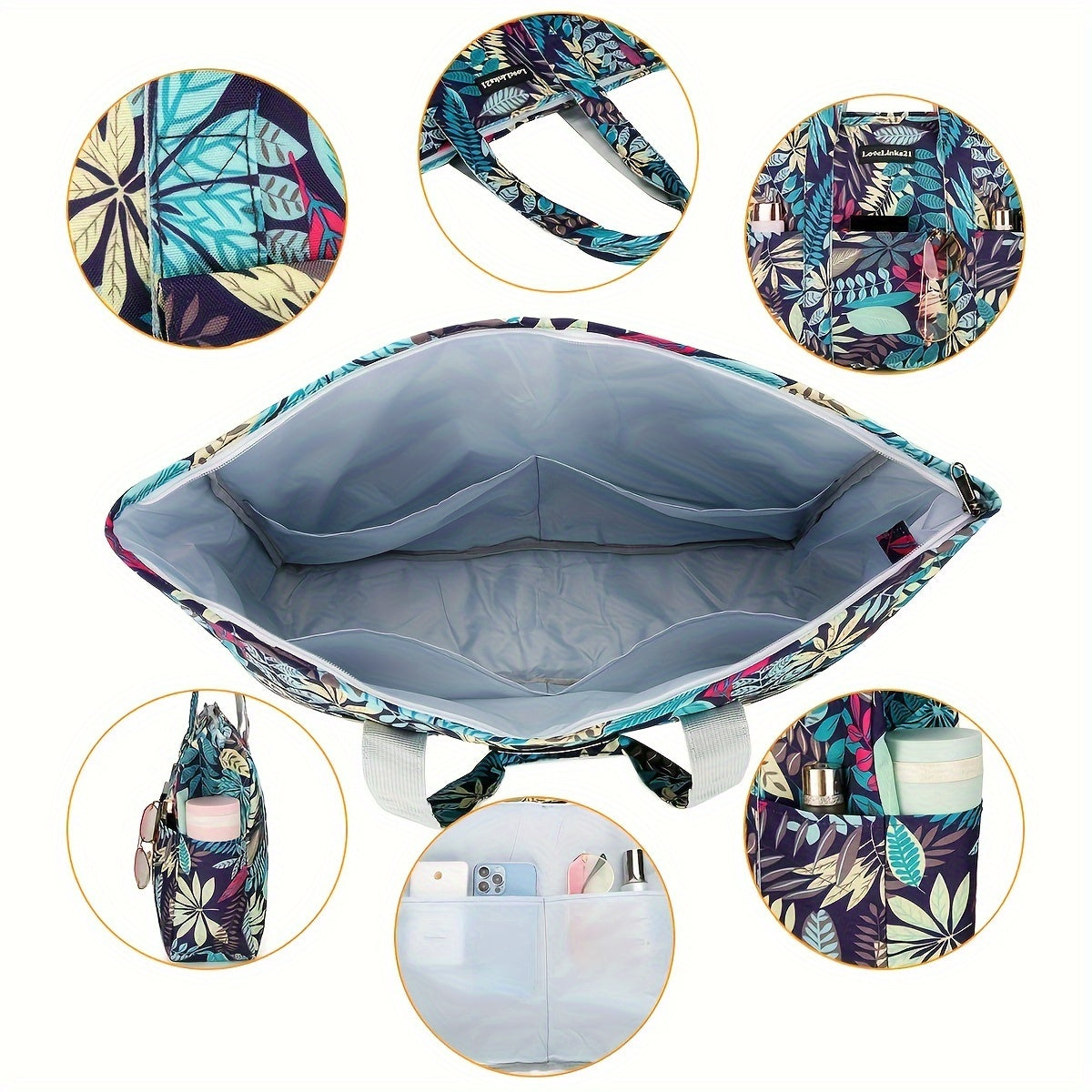 Beach Tote Bag for Women with Wet and Dry Pocket, Pool Swim Carry Bag for Summer Vacations and Travel in Blue Leaf, Red Leaf or Black