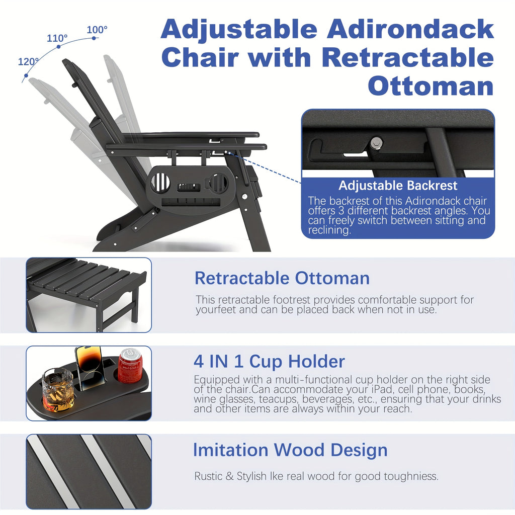 Adjustable Adirondack Chair by FOOWIN in HDPE for Patio, Lawn and Garden Seating, Single or Two-Chair Options with Selected Footrest-Free Configurations